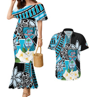 Personalised Guam Liberation Day Couples Matching Mermaid Dress and Hawaiian Shirt 80th Anniversary Chamorro Latte Stone With Guasali Flowers LT14 Blue - Polynesian Pride