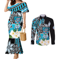 Personalised Guam Liberation Day Couples Matching Mermaid Dress and Long Sleeve Button Shirt 80th Anniversary Chamorro Latte Stone With Guasali Flowers LT14 Blue - Polynesian Pride
