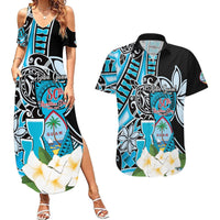 Personalised Guam Liberation Day Couples Matching Summer Maxi Dress and Hawaiian Shirt 80th Anniversary Chamorro Latte Stone With Guasali Flowers LT14 Blue - Polynesian Pride