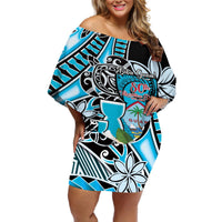 Personalised Guam Liberation Day Off Shoulder Short Dress 80th Anniversary Chamorro Latte Stone With Guasali Flowers LT14 Women Blue - Polynesian Pride