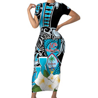 Personalised Guam Liberation Day Short Sleeve Bodycon Dress Chamorro Latte Stone With Guasali Flowers