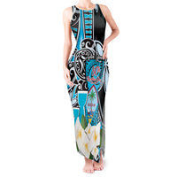 Personalised Guam Liberation Day Tank Maxi Dress 80th Anniversary Chamorro Latte Stone With Guasali Flowers LT14 Women Blue - Polynesian Pride