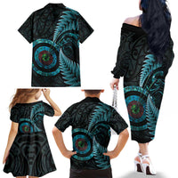 New Zealand Archery Family Matching Off The Shoulder Long Sleeve Dress and Hawaiian Shirt Aotearoa Silver Fern Maori - Polynesian Pride