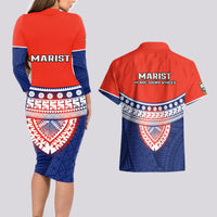Fiji School Couples Matching Long Sleeve Bodycon Dress and Hawaiian Shirt Marist Brothers Fijian Tapa Pattern LT14 - Polynesian Pride