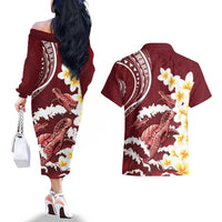 Blood Gold Polynesia Couples Matching Off The Shoulder Long Sleeve Dress and Hawaiian Shirt Polynesian Frangipani With Sea Turtles