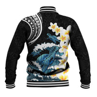 Black Polynesia Baseball Jacket Polynesian Frangipani With Sea Turtles