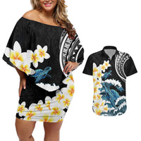 Black Polynesia Couples Matching Off Shoulder Short Dress and Hawaiian Shirt Polynesian Frangipani With Sea Turtles