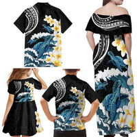 Black Polynesia Family Matching Off Shoulder Maxi Dress and Hawaiian Shirt Polynesian Frangipani With Sea Turtles