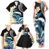 Black Polynesia Family Matching Tank Maxi Dress and Hawaiian Shirt Polynesian Frangipani With Sea Turtles