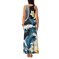 Black Polynesia Family Matching Tank Maxi Dress and Hawaiian Shirt Polynesian Frangipani With Sea Turtles