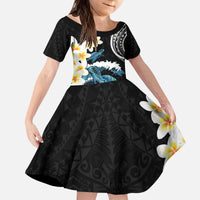 Black Polynesia Kid Short Sleeve Dress Polynesian Frangipani With Sea Turtles