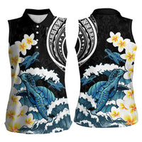 Black Polynesia Women Sleeveless Polo Shirt Polynesian Frangipani With Sea Turtles
