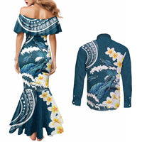 Dark Teal Polynesia Couples Matching Mermaid Dress and Long Sleeve Button Shirt Polynesian Frangipani With Sea Turtles