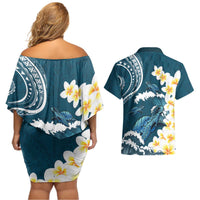 Dark Teal Polynesia Couples Matching Off Shoulder Short Dress and Hawaiian Shirt Polynesian Frangipani With Sea Turtles