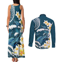 Dark Teal Polynesia Couples Matching Tank Maxi Dress and Long Sleeve Button Shirt Polynesian Frangipani With Sea Turtles