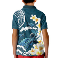 Dark Teal Polynesia Kid Polo Shirt Polynesian Frangipani With Sea Turtles
