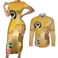 Polynesia Childhood Cancer Awareness Couples Matching Short Sleeve Bodycon Dress and Long Sleeve Button Shirt Be Bold Go Gold Polynesian Art