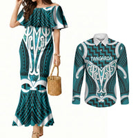 Aotearoa Atua Tangaroa Personalised Couples Matching Mermaid Dress and Long Sleeve Button Shirt God Of The Sea Maori Whale Tail Cyan