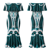 Aotearoa Atua Tangaroa Personalised Couples Matching Mermaid Dress and Long Sleeve Button Shirt God Of The Sea Maori Whale Tail Cyan