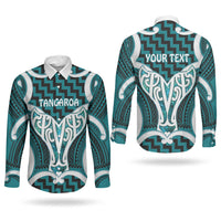 Aotearoa Atua Tangaroa Personalised Couples Matching Off Shoulder Short Dress and Long Sleeve Button Shirt God Of The Sea Maori Whale Tail Cyan