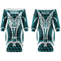 Aotearoa Atua Tangaroa Personalised Couples Matching Off The Shoulder Long Sleeve Dress and Hawaiian Shirt God Of The Sea Maori Whale Tail Cyan