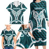 Aotearoa Atua Tangaroa Personalised Family Matching Long Sleeve Bodycon Dress and Hawaiian Shirt God Of The Sea Maori Whale Tail Cyan