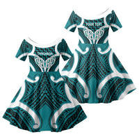 Aotearoa Atua Tangaroa Personalised Family Matching Long Sleeve Bodycon Dress and Hawaiian Shirt God Of The Sea Maori Whale Tail Cyan