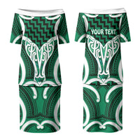 Aotearoa Atua Tangaroa Personalised Couples Matching Puletasi and Long Sleeve Button Shirt God Of The Sea Maori Whale Tail Green