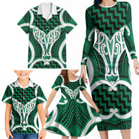 Aotearoa Atua Tangaroa Personalised Family Matching Long Sleeve Bodycon Dress and Hawaiian Shirt God Of The Sea Maori Whale Tail Green