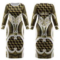 Aotearoa Atua Tangaroa Personalised Couples Matching Long Sleeve Bodycon Dress and Long Sleeve Button Shirt God Of The Sea Maori Whale Tail Yellow