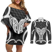 Aotearoa Atua Tangaroa Personalised Couples Matching Off Shoulder Short Dress and Long Sleeve Button Shirt God Of The Sea Maori Whale Tail Black
