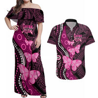 Think Pink Breast Cancer Awareness Couples Matching Off Shoulder Maxi Dress and Hawaiian Shirt Butterfly Aboriginal Mix Polynesian Pattern
