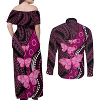 Think Pink Breast Cancer Awareness Couples Matching Off Shoulder Maxi Dress and Long Sleeve Button Shirt Butterfly Aboriginal Mix Polynesian Pattern