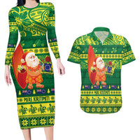 Cook Islands Christmas Couples Matching Long Sleeve Bodycon Dress and Hawaiian Shirt Surfing Santa Mere Kiritimiti - Polynesian Pride