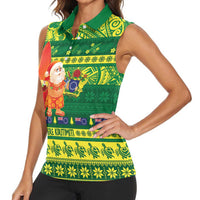 Cook Islands Christmas Women Sleeveless Polo Shirt Surfing Santa Mere Kiritimiti - Polynesian Pride