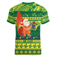 Cook Islands Christmas Women V-Neck T-Shirt Surfing Santa Mere Kiritimiti - Polynesian Pride