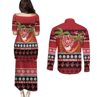 French Polynesia Christmas Couples Matching Puletasi and Long Sleeve Button Shirt Tiare Chilling Santa Oaoa I teie Noera - Polynesian Pride
