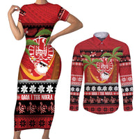 French Polynesia Christmas Couples Matching Short Sleeve Bodycon Dress and Long Sleeve Button Shirt Tiare Chilling Santa Oaoa I teie Noera LT14 Red - Polynesian Pride
