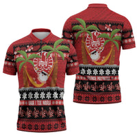 French Polynesia Christmas Zipper Polo Shirt Tiare Chilling Santa Oaoa I teie Noera - Polynesian Pride