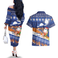 Marshall Islands Christmas Couples Matching Off The Shoulder Long Sleeve Dress and Hawaiian Shirt Beachy Santa Monono ilo raaneoan Nejin - Polynesian Pride
