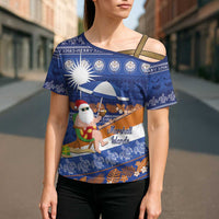 Marshall Islands Christmas Cross Shoulder Shirt Beachy Santa Monono ilo raaneoan Nejin - Polynesian Pride