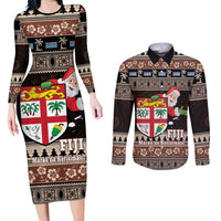 Fiji Christmas Couples Matching Long Sleeve Bodycon Dress and Long Sleeve Button Shirt Fijian Masi Marau na Kerisimasi! - Brown LT14 Brown - Polynesian Pride