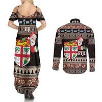 Fiji Christmas Couples Matching Summer Maxi Dress and Long Sleeve Button Shirt Fijian Masi Marau na Kerisimasi! - Brown LT14 - Polynesian Pride