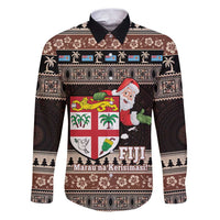 Fiji Christmas Family Matching Puletasi and Hawaiian Shirt Fijian Masi Marau na Kerisimasi! - Brown LT14 Dad's Shirt - Long Sleeve Brown - Polynesian Pride