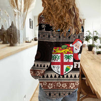 Fiji Christmas Women Casual Shirt Fijian Masi Marau na Kerisimasi! - Brown LT14 - Polynesian Pride