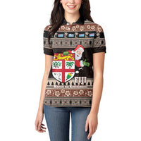 Fiji Christmas Women Polo Shirt Fijian Masi Marau na Kerisimasi! - Brown LT14 - Polynesian Pride
