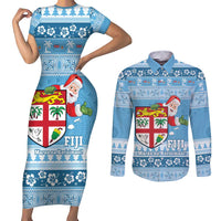 Fiji Christmas Couples Matching Short Sleeve Bodycon Dress and Long Sleeve Button Shirt Fijian Masi Marau na Kerisimasi! - Blue LT14 Blue - Polynesian Pride