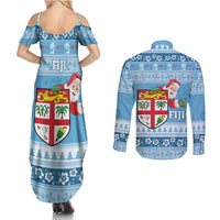 Fiji Christmas Couples Matching Summer Maxi Dress and Long Sleeve Button Shirt Fijian Masi Marau na Kerisimasi! - Blue LT14 - Polynesian Pride