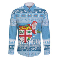 Fiji Christmas Family Matching Puletasi and Hawaiian Shirt Fijian Masi Marau na Kerisimasi! - Blue LT14 Dad's Shirt - Long Sleeve Blue - Polynesian Pride