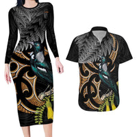 Aotearoa Kowhai Tui Bird Couples Matching Long Sleeve Bodycon Dress and Hawaiian Shirt Maori Ngaru With Silver Fern